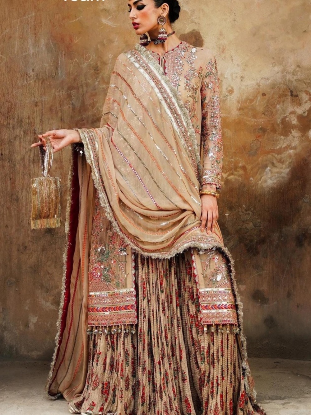 Stunning Embroidered embellished crushed Chiffon Sharara set with sequins detail